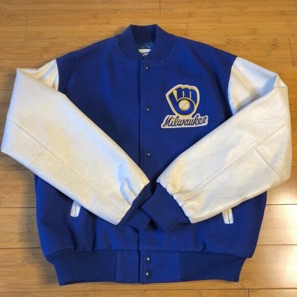 Milwaukee Brewers Wool Leather Varsity Jacket Vtg 90s Large Baseball Letterman - Picture 2 of 14